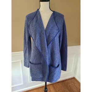 LOGO by Lori Goldstein Blue Drape Long Textured Cardigan Sweater Pockets MEDIUM